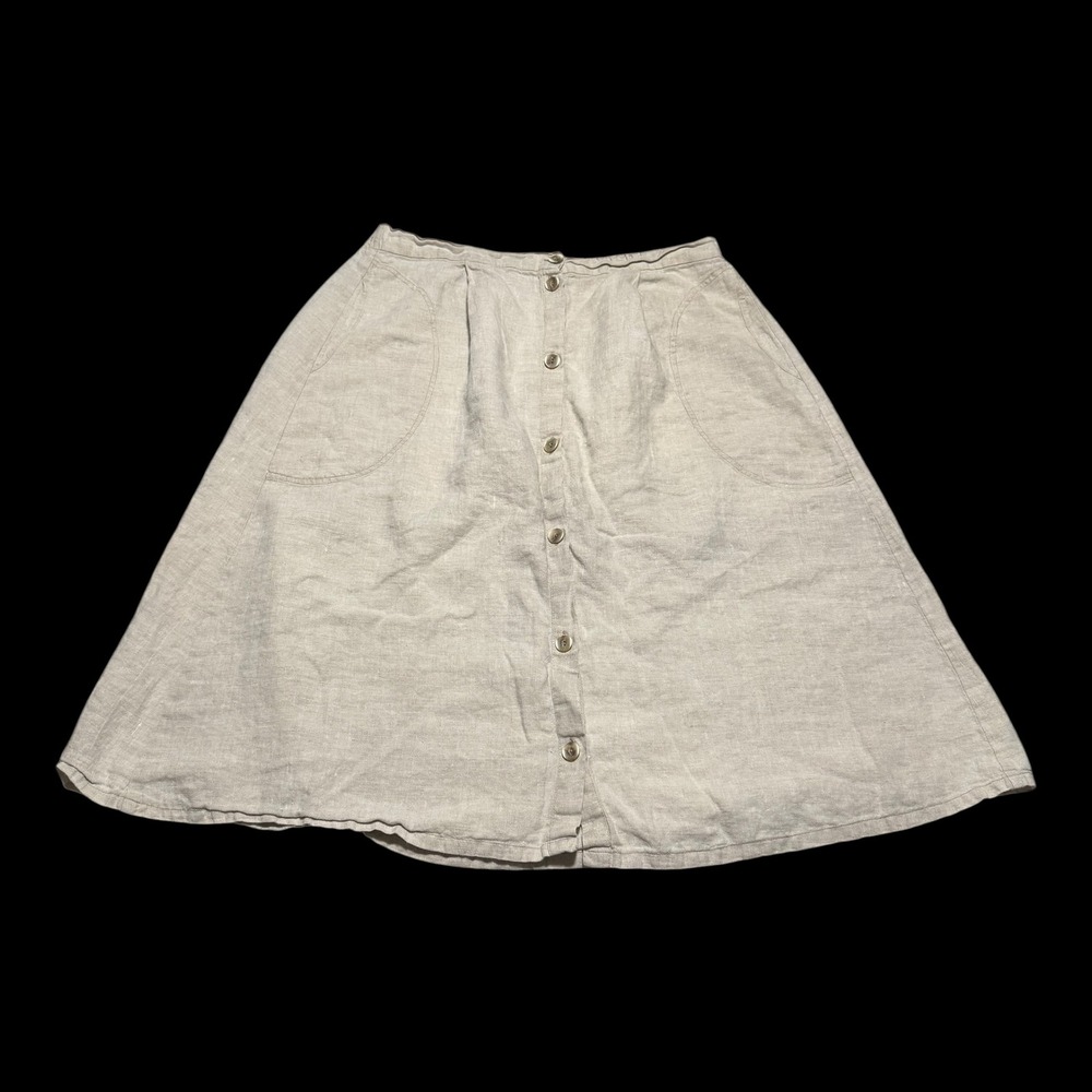 FLAX Button Up Front Off-White A-Line 100% Linen Skirt Women's Large (36" Waist)